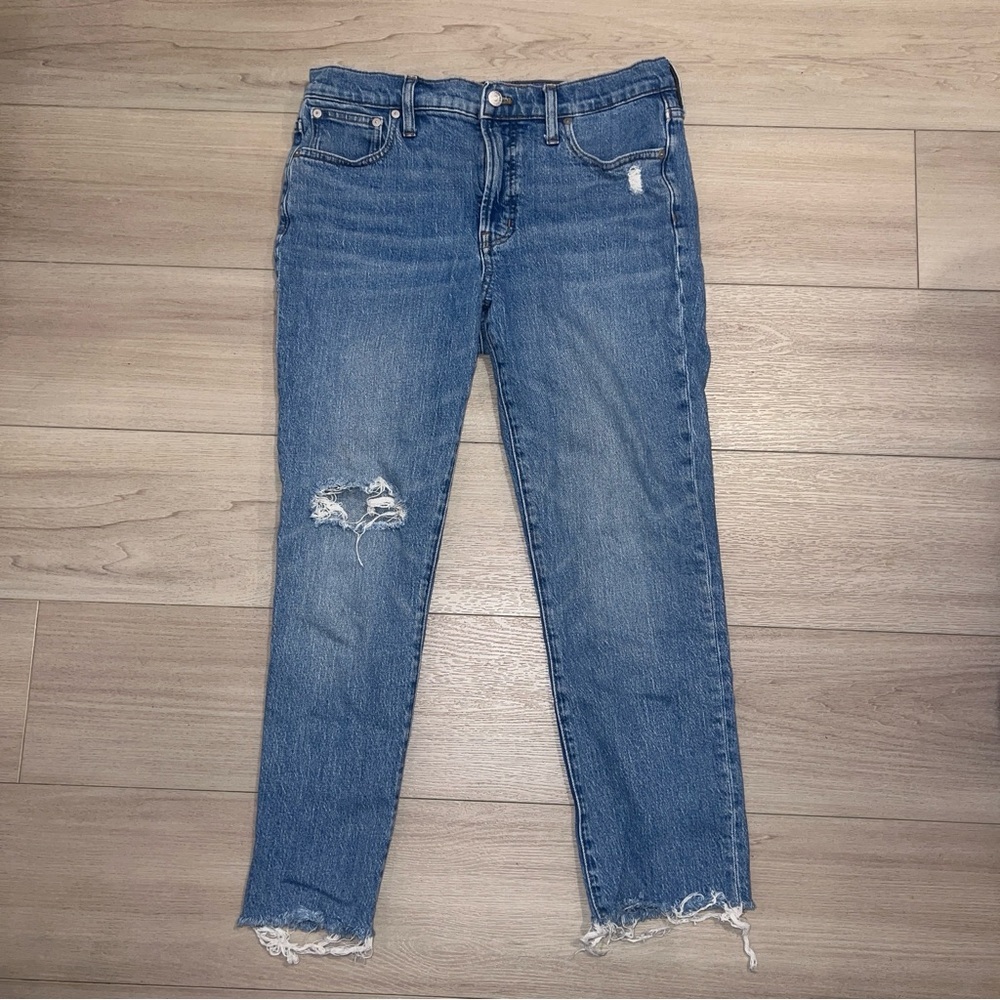 MADEWELL 29 Mid Rise Perfect Vintage Jeans Womens Blue Med Wash Raw Hem Distress